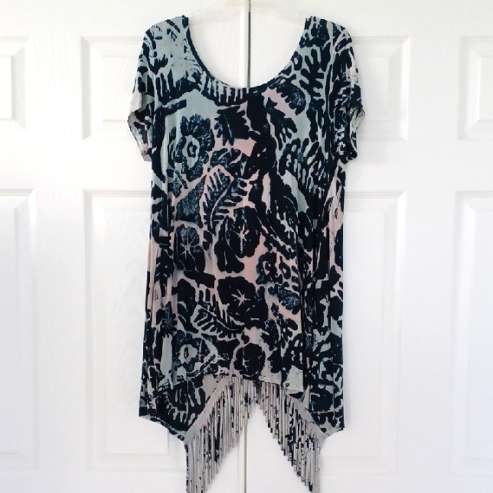 T Party Black Floral Fringe Western Short Sleeve Tunic Top